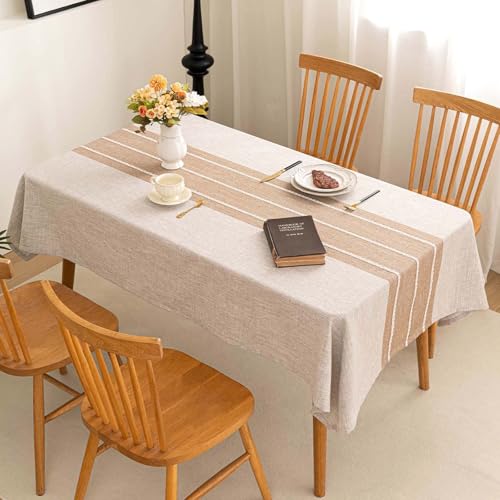 SIELUNO Rectangle Table Cloth Cotton Linen Waterproof Embroidery Tablecloth Rustic Farmhouse Style for Indoor Outdoor Dinning Tabletop Decoration-Striped Coffee-54 x54 - color: Striped Coffee, size: 54" x 54" (Rectangular)