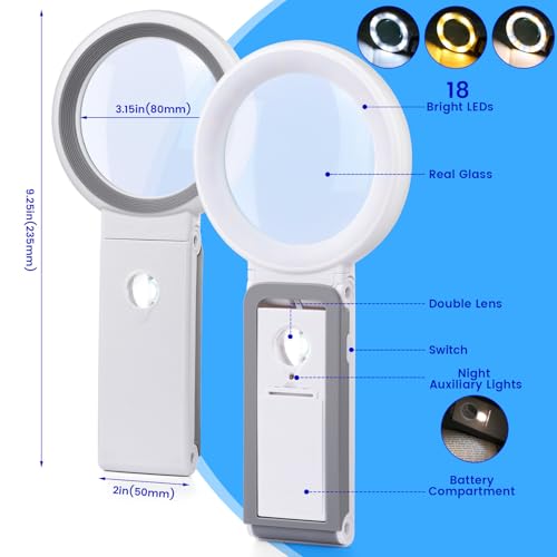 Magnifying Glass with Light and Stand, Foldable Handheld Magnifying Glass 18 LED Illuminated Lighted Magnifier for Macular Degeneration, Seniors Reading, Close Work, Coins, Jewelry White - color: White
