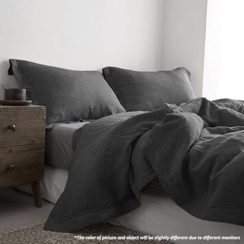 Simple&Opulence 100% Linen Duvet Cover Set with Embroidery Border Washed - 3 Pieces (1 Duvet Cover with 2 Pillow Shams) with Button Closure Soft Breathable Farmhouse - Dark Grey, Full Size - color: Dark Grey, size: Full