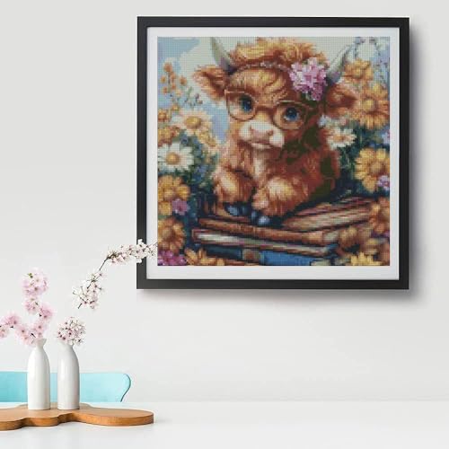 MYBISYMQQ Highland Cow & Sunflower Stamping Cross Stitch Kit, 11CT Embroidery Starter Kit for Adult Beginners, Needlepoint Craft for Home Decor, 13.7 x 13.7 Inch - color: T013