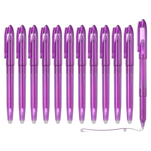 PATIKIL 12Pcs Erasable Gel Pens, 0.5mm Fine Point Heat Erasable Marking Pen with Cap Smooth Writing Fabric Markers for Sewing Drawing Writing Planner, Purple Ink - color: Purple