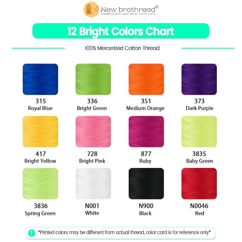 New brothread Multi-Purpose 100% Mercerized Cotton Threads-12 Bright Colors - color: 12 Bright Colors