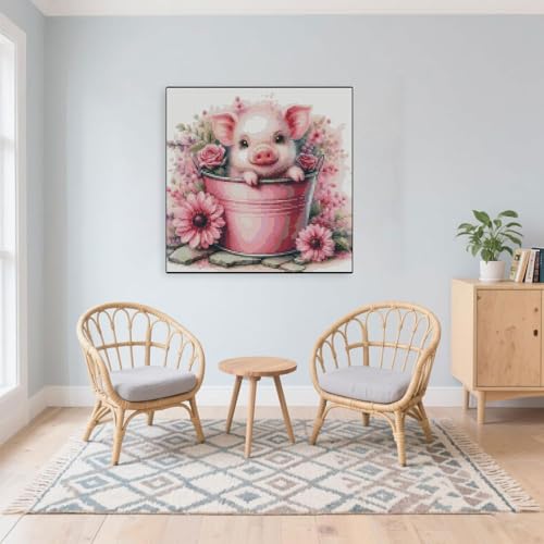 Cute Pig Stamped Cross Stitch Kits for Adults Beginner, Flowers Dimensions Needlepoint Art Crafts Embroidery Kits for Adults Beginners 13.7x13.7 inches - color: D061