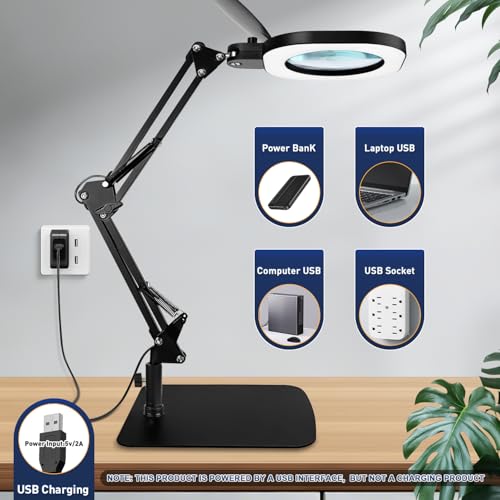 Magnifying Glass with Light and Stand,15x 3in1 Magnifying Lamp, 5 Color Stepless Dimmable,80 Led Desk&Floor Lamp with Lighted Magnifying Glass,Hands Free Magnifying Glasses for Close Work