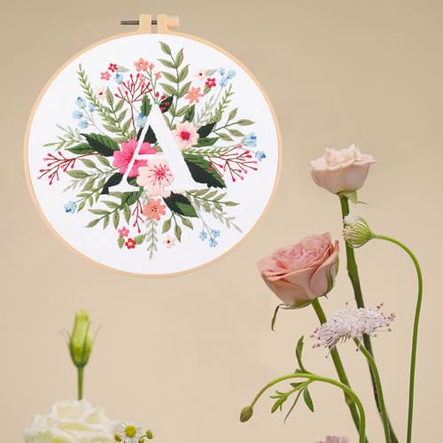 IUHUI Embroidery Kit for Beginners Adults - 26 Floral Letters Easy Patterns, DIY Hand Stitching Embroidery Set with Hoop (Flower and Grass Letter A) - color: Flower and Grass Letter A