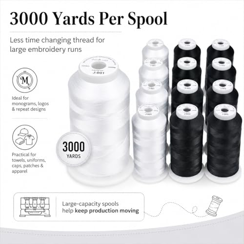 Simthread 12 Spools 3000 Yards 40WT Polyester Embroidery Thread Black White