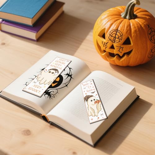 FREEBLOSS 6pcs Cross Stitch Bookmark Kit for Adult Beginners Ghost Pattern Stamped Embroidery Bookmark Kits Bookmarks Craft Kit with Instructions 11CT 8''x2.4'' - style: Ghost Text