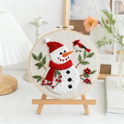 Christmas Embroidery Kit DIY Hand Embroidery Starter Cross Stitch Kits, Christmas Ornaments Embroidery with Stamped Pattern,Cotton,Threads,Needles,Instructions for Adults Beginners (Snowman) - color: Snowman