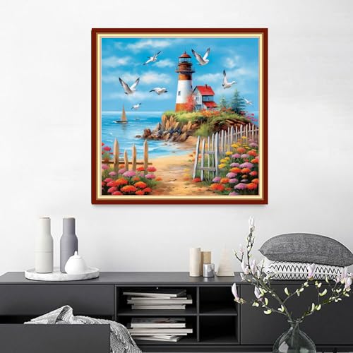 Findvoor Stamped Cross Stitch Kits for Beginners Full Range of Cross Stitching Embroidery Pattern for Adults, 11CT DIY Needlepoint Embroidery Starter Kits-Seaside Lighthouse 17.7x17.7 inch - color: StampedKits 15