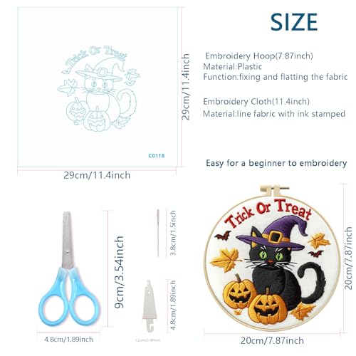 Zhenqing Halloween Black Cat Embroidery Kit for Beginners, Trick or Treat Witch Cat Needlework Kit with Pre-Printed Cotton Fabric, Hoop, Threads & Tools, Spooky DIY Decor (C0118) - style: Halloween Black Cat