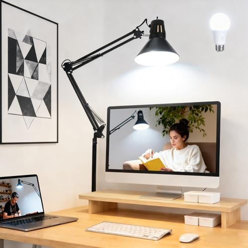 Black Desk Lamp with Clamp, Extra-Tall Adjustable Metal Swing Arm, 5000K - color: Black, size: 5000K Natural Daylight-Extra Long Swing Arm