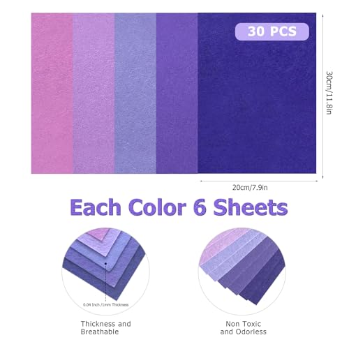30Pcs Stiff Felt Sheets, 1mm Thick Felt Fabric Squares for Sewing & DIY - color: Purple Series