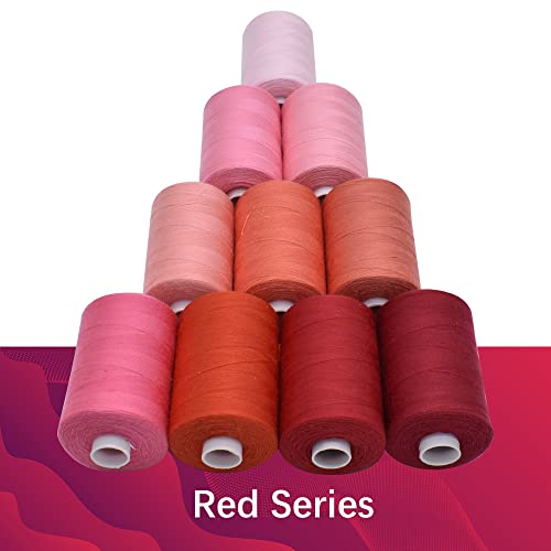 Sewing Thread 10 Color Sewing Industrial Purpose 1000 Yards Per Spool 40S/2 Polyester for DIY Sewing Machine,Embroidery Machine,Hand Sewing (Red) - color: Red