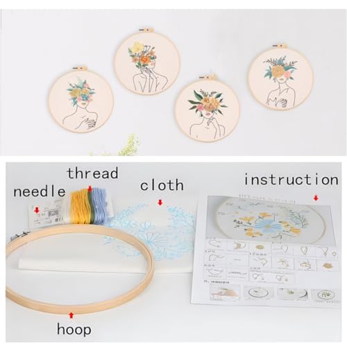 Chenflying Embroidery Starter Kits, 1/3 Sets Art Embroidery Kits for Beginners Adults with Embroidery Hoops Threads Needles and Instructions (Beige 4) - color: Beige 4