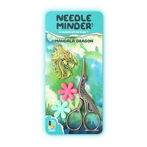 Needle Minder Set - Mandala Dragon Magnetic Needle Minder + 2 Needle Threaders + Crane Scissors. Enamel Pin for Cross Stitch, Embroidery and Craft - size: Dragon Set #2