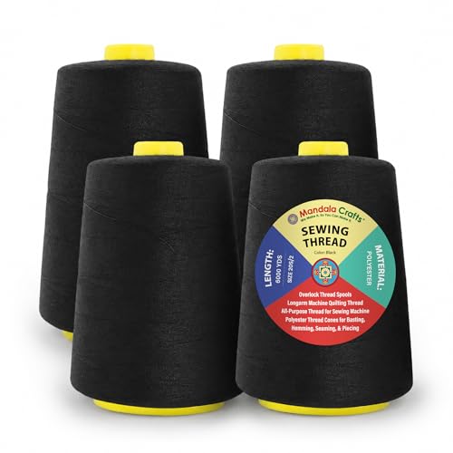 Mandala Crafts 20S/2 Black Polyester 4 Pack of Serger Threads Cones - color: Black, size: Pack of 4 20S/2 24000 YDs