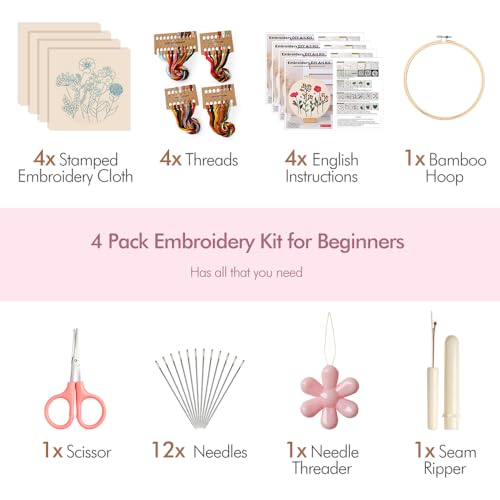 Embroidery Kit, 4 Pack Embroidery Kit for Beginners with Flower Pattern - color: KIT 02