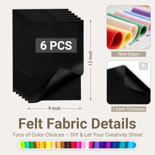 Black Soft Felt Sheets for Crafts, 9" x 12", 1.6mm Thick, 6 Pcs - color: Black