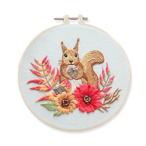 YEESAM ART Embroidery Kit with Cute Squirrel Animals Patterns, Full Set DIY Embroidery Cross Stitch Kits for Adults Beginners Needlework Sewing (Squirrel)