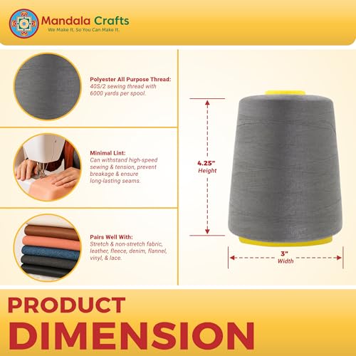 Mandala Crafts 40S/2 Dark Gray Polyester 4 Pack of Serger Threads Cones - color: Dark Gray, size: Pack of 4 40S/2 24000 YDs