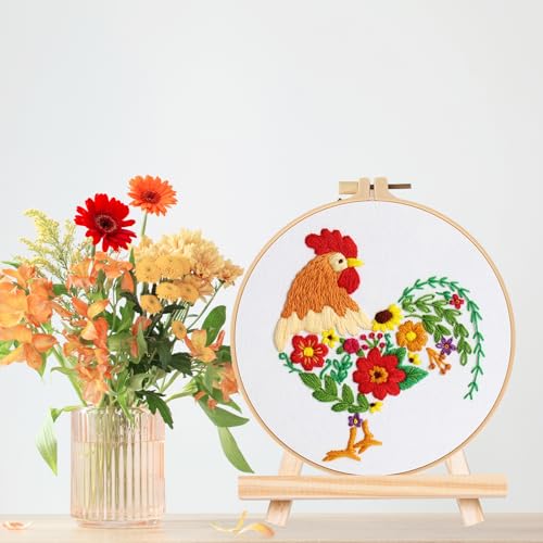 Louise Maelys Embroidery Kit for Beginners with Funny Rooster and Flower - color: Rooster