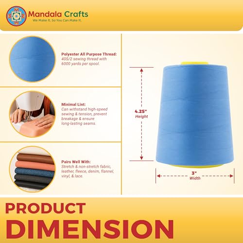 Mandala Crafts 40S/2 Dusty Blue Polyester 4 Pack of Serger Threads Cones - color: Dusty Blue, size: Pack of 4 40S/2 24000 YDs