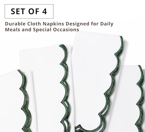 PurpleEssences Scalloped Cloth Napkins 18x18 in - White Edges Forest Green - color: White(edges- Forest Green)