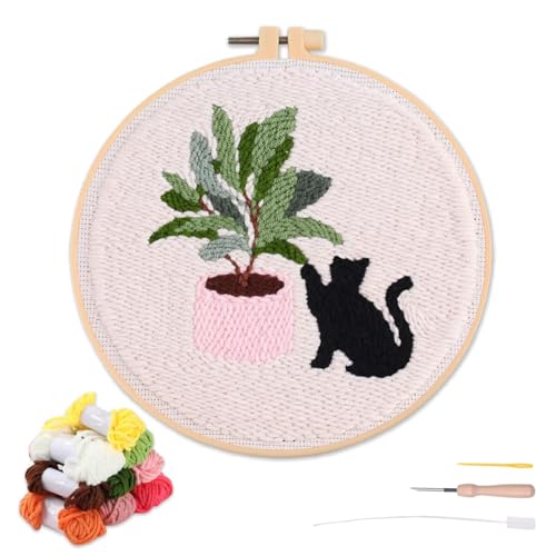 artcici Punch Needle Kit for Beginners with Plants Black Cat Pattern Tool and Yarn, Easy Embroidery Rug Hooking Set (Plant) - color: Plant