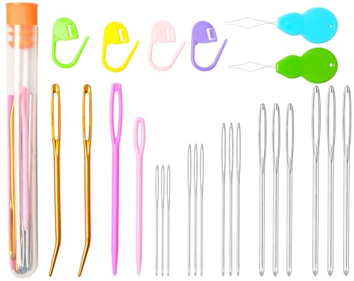 Hekisn 25Pcs Large Eye Blunt Yarn Needles kit, Assorted Sizes Bent Tapestry Darning Needle, Sewing Needles with Needle Threaders & Stitch Markers for Knitting Crochet (Orange) - color: Orange