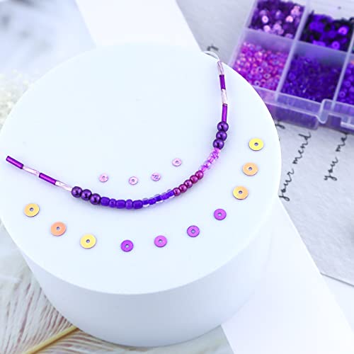 1 Box of Mixed Craft Beads Including Glass Bugle Seed Pearl Semi-Cupped Sequins Beads for DIY Arts Crafts Sewing Embroidery Clothing Jewelry Making (Purple, Assorted Size)