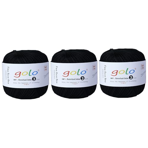 golo Crochet Thread Size 3 Yarn for Hand Knitting 3 Balls Crochet Yarn for Crocheting - color: 000901Black