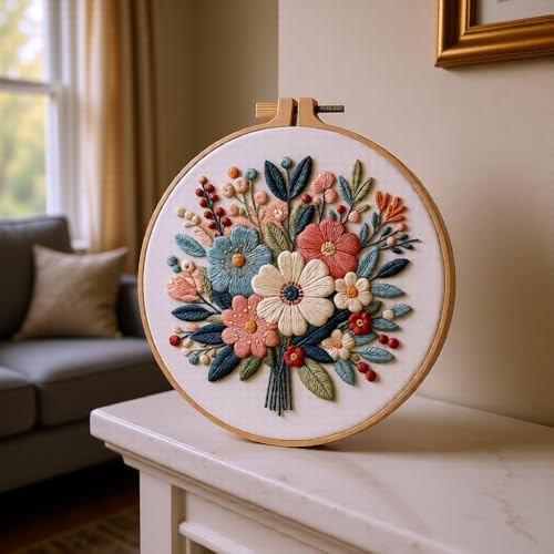 Embroidery Kit for Beginners & Adults Starter Kit, Cross Stitch Kits,DIY Hand Embroidery Needlepoint Set with Hoop, Pre-Printed Fabric, Threads and Instructions (Flower-4) - color: Flower-4