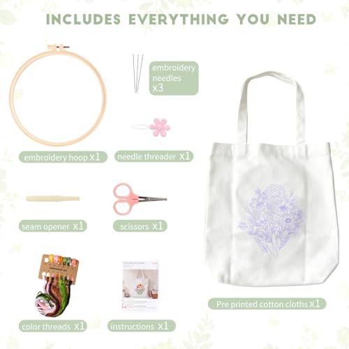 MAKHOT Canvas Tote Bag Embroidery Kit for Beginners,Cross Stitch Kits for Adults,Embroidery Bag Women(White) - color: White
