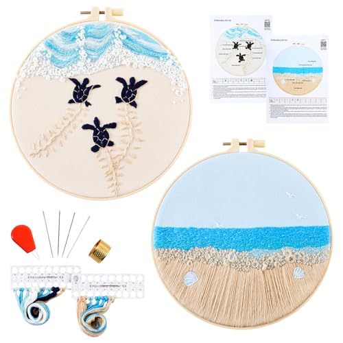 Embroidery Kit for Beginner Adults, Stamped Cross Stitch kits for Adults Beginners, Ocean Hand Embroidery Starter Needlepoint Kit, 2 Set Embroidery Supplies, 2 Hoops (Attached Teaching Video QR Code) - color: Beach, size: 8inch