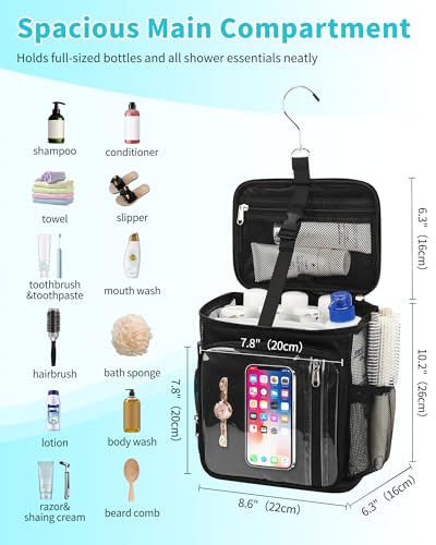 CUBETASTIC Hanging Shower Caddy Portable Bag - Quick Dry Shower Tote for Dorm College Essentials, Water-Resistant Travel Toiletry Bag with Separate Compartment & Multiple Pockets (Black, M) - color: Black