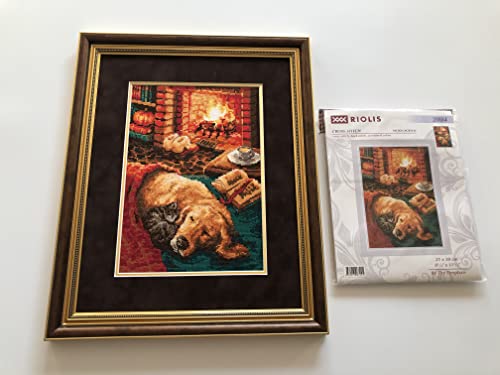 RIOLIS - By The Fireplace 2004, Dogs Cross Stitch Kits 8¼"x11¾, Counted Cross Stitch Kits, Counted Cross Stitch Kits for Beginners & Advanced, Cross Stitching Kits for Adults, Dog Embroidery Kit