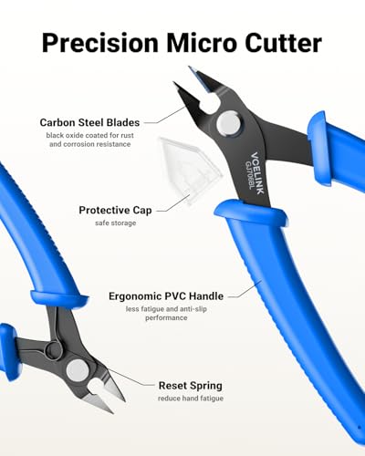 VCELINK Small Wire Cutter Spring-loaded GJ706BL, Precision Flush Cutter Pliers Diagonal Cutters for Electronics, Jewelry Making, Model Craft and 3D Printer, 5-Inch