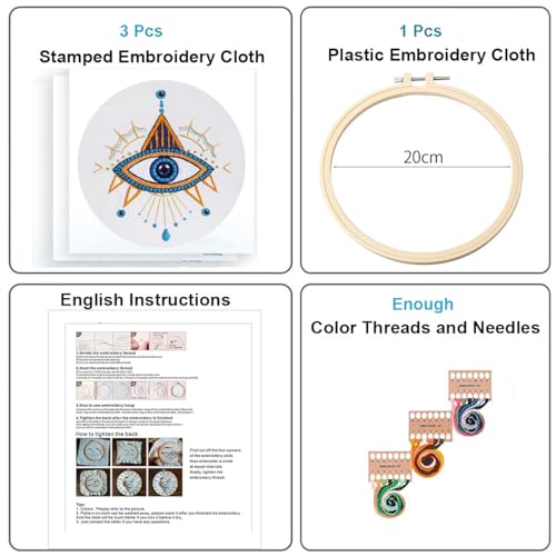 Konrisa 3 Pcs Embroidery Kits with Tarot Cards and Eyes Pattern, Stamped Embroidery Starter Kit for Beginners Adults Needlepoint Kits DIY Sewing Cross Stitch Practice Kit Home Decoration - color: eyes