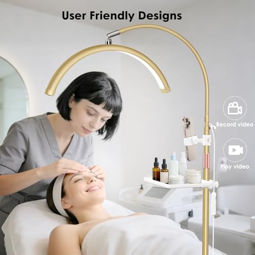 Lash Light, 2500LM Half Moon Light with Tool Tray, 2X Magnifier, Phone Holder for Nail Art, Tattoo, Eyelash Extension, SPA Lighting, Floor Esthetician Lamp with Color & Brightness Adjustment - color: Golden