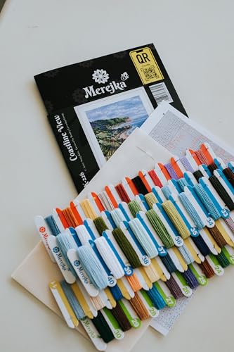 Merejka Counted Cross Stitch Kit for Adults — Coastline View (K-226) — Zweigart 16-Count Ecru Aida, DMC Mouliné Threads, John James Needle — 40 Colors — 33.5x25 cm (13.2x9.8 inches)