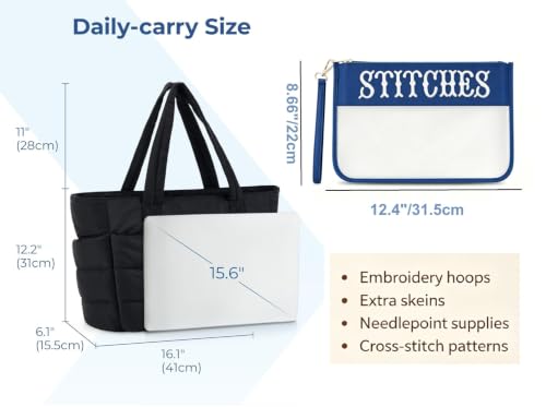 Needlepoint (NDLPT) Tote Bag & Clear Stitching Zipper Pouch Set (Black) - color: Black