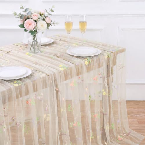 Beige Apricot Floral Tablecloth 10FT Summer Butterfly Wildflower Overlay - color: Beige Apricot, size: 60"x120", 1 Pc