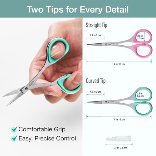 Beaditive Sewing and Embroidery Scissors Set (2 Pc.) Curved and Straight, Sharp, Stainless-Steel Design | Precision Tips, Ergonomic Rubber Handle Grip | Small, Compact DIY Use (1 Curved, 1 Straight) - color: 1 Curved, 1 Straight