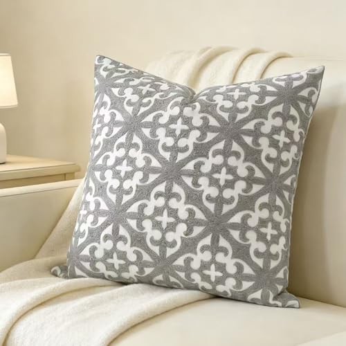 SLOW COW Embroidered Throw Pillow Cover 18 x 18 Inch Grey - color: Grey Farmhouse Flower, size: 18" x 18" (Pack of 1)