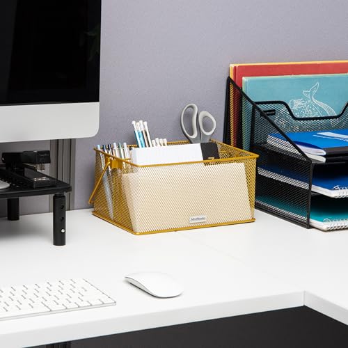Mind Reader Multi-purpose Storage Caddy with Handle, Desktop Organizer, Cutlery Holder, 4 Compartments, Metal Mesh, Gold