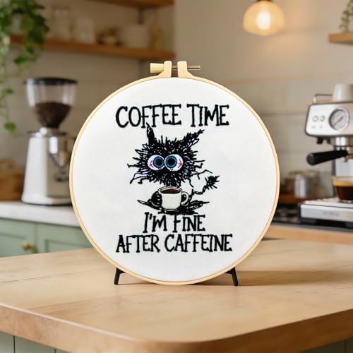 Cute Cat Embroidery Kits for Beginners Adults, Coffee Hand Embroidery Starter Kit, Stamped Cross Stitch Kits for Beginners Adult Craft Kit for Women, Entire Set of Embroidery Supplies & Video Tutorial - color: H2077, size: 8Inch