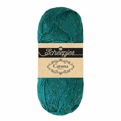Scheepjes Catona Shine Cotton-Blend Yarn, 50g, 401-R Dark Teal/Rainbow - color: 401-R Dark Teal - Rainbow