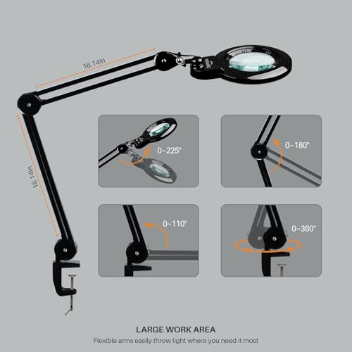 Magnifying Lamp with Clamp, 6-Inch Replaceable Lenses, Black - color: Black