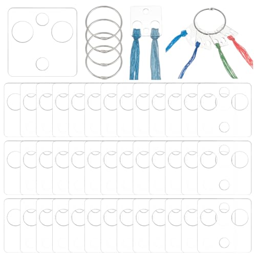 BENECREAT 50 Pcs Floss Drops, Square Acrylic Embroidery Floss Bobbins with 1 Pcs Iron Hanging Ring, Sewing Thread Winding Boards for Embroidery Floss Organization and Sewing Crafts - size: Square