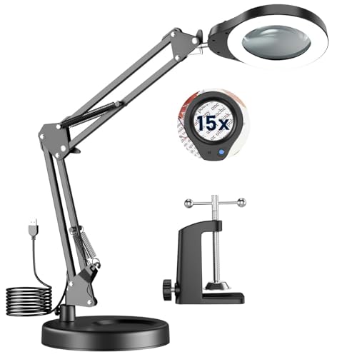 15X Magnifying Glass with Light and Stand, 84 LED Desk Magnifying Glass wtih Clamp,5 Color Modes Stepless Dimmable LED Lighted Desk Lamp for Craft Hobby Painting Reading Sewing Close Work - size: 15X LampB